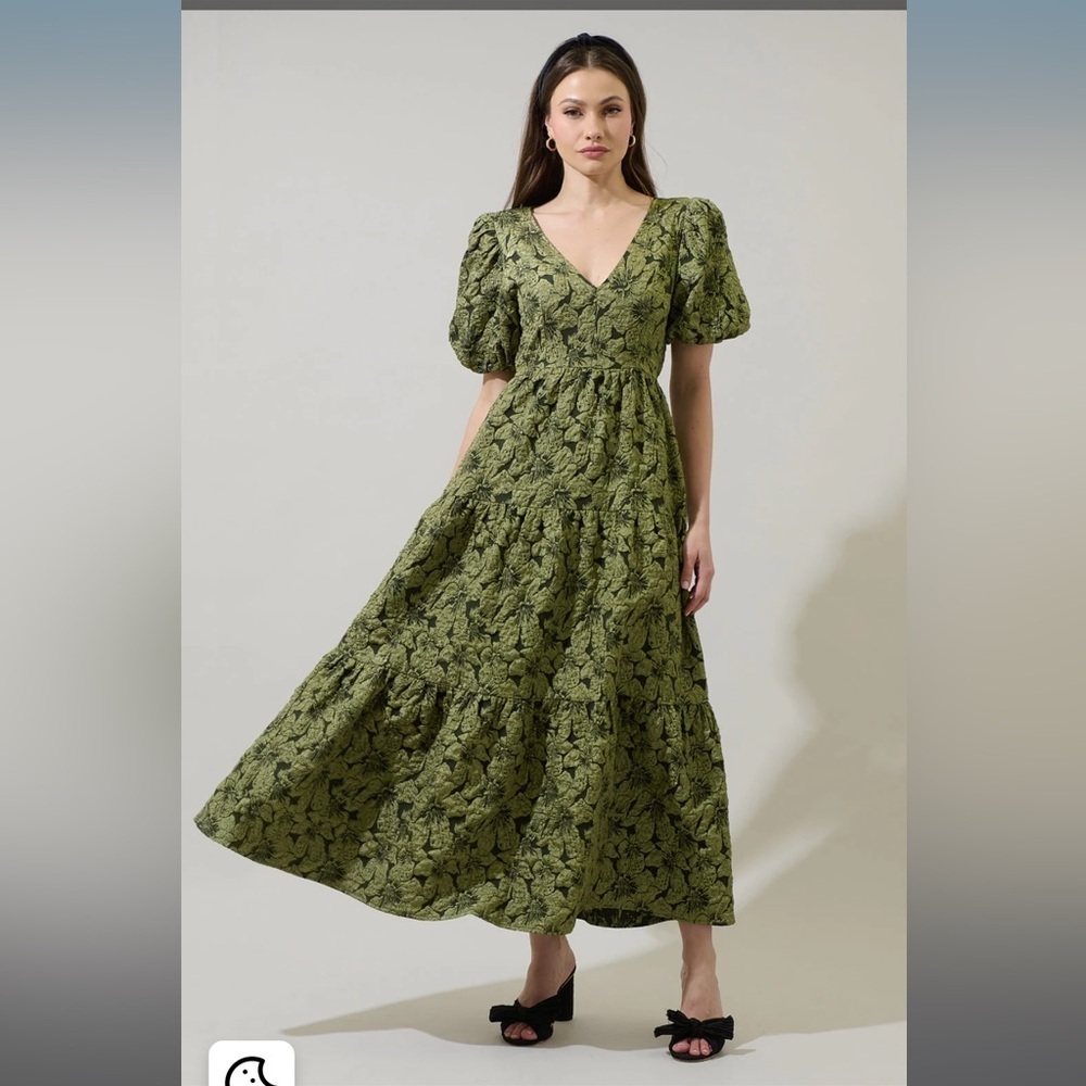 SugarLips Arielle Luna Poplin Floral Maxi Dress Olive Green